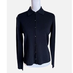 J. Crew 100% Merino Wool Black Button Front Collared Sweater, Large, Minimalist